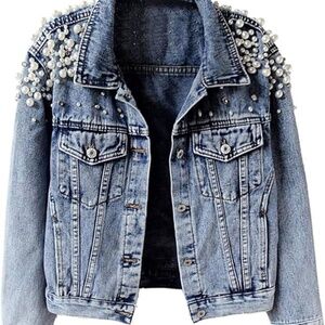 Women's jeans jacket sz L denim blue embellished with rhinestones and pearls